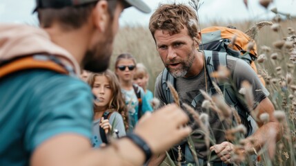 Fototapeta premium A group of people, led by a focused man, hikes through tall grass in nature, emphasizing teamwork, adventure, and the beauty of the natural environment.
