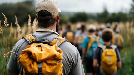 Men and women carrying yellow backpacks trek through open scenic fields, engaging in a hiking activity that promotes a sense of community, exercise, and appreciation for nature.