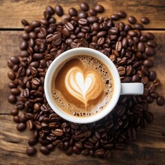 Fototapeta premium A cup of hot coffee with foam with a heart drawing on it. The cup is placed on a wooden table surrounded by many coffee beans.