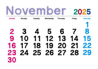 2025年11月の刺繍文字風カレンダー日曜始まり日本の祝日表記無し
