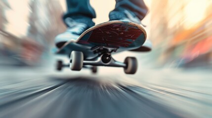 Dynamic close-up photograph of a skateboard in motion on a busy street, highlighting the energy and thrill of skateboarding, captured with a motion blur effect.