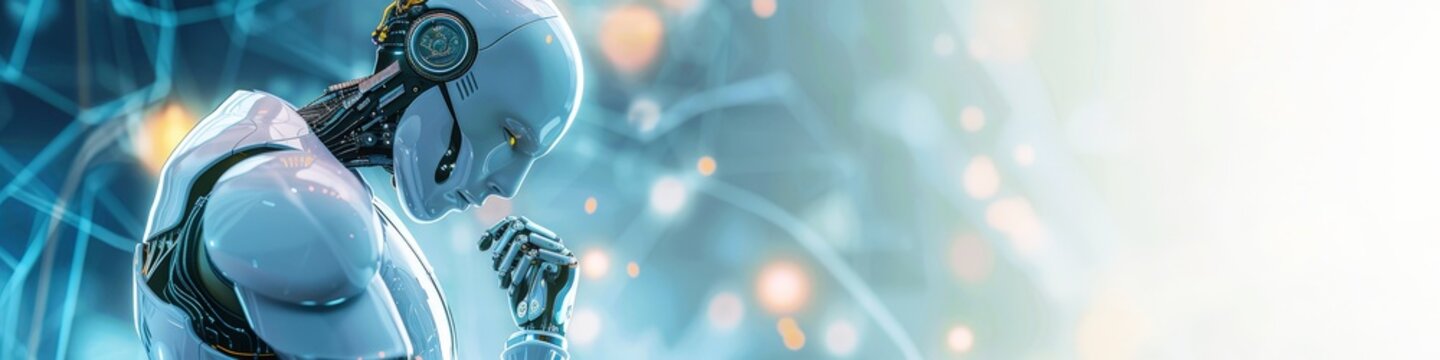 A white robot thinking in front of a futuristic background with blurred lights and blue color tones. A banner for an AI technology website with copy space
