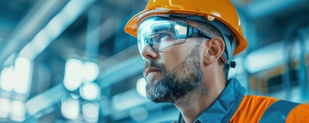 Construction worker using a smart helmet with integrated HUD, construction, wearable technology