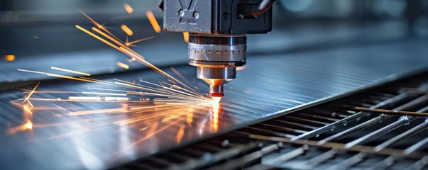 Detailed shot of a laser cutter in action on a metal sheet, engineering tools, advanced fabrication