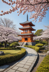 Fototapeta premium A traditional Japanese pagoda overlooking a serene cherry blossom garden. 