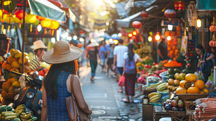 Obraz premium Asian Woman With Straw Hat Walking Through Traditional Food Market In Asia At Sunset With Bokeh Lights And Colorful Exotic Fruits And Vegetables On Display