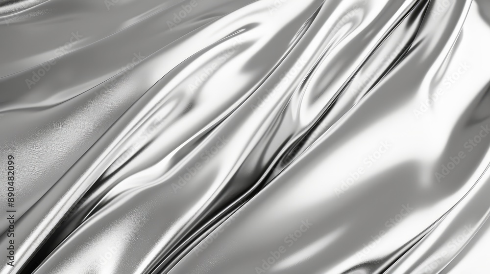 Poster 3d render of silver satin fabric, shiny and glossy texture, flowing in the wind, abstract background