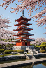  A traditional Japanese pagoda overlooking a serene cherry blossom garden. 