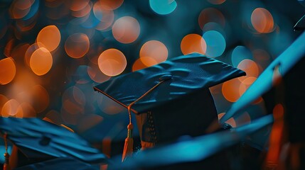 Study books and graduation hat. Blurred background. AI generated illustration