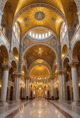 Obraz premium A majestic Byzantine cathedral adorned with golden mosaics and towering domes. 