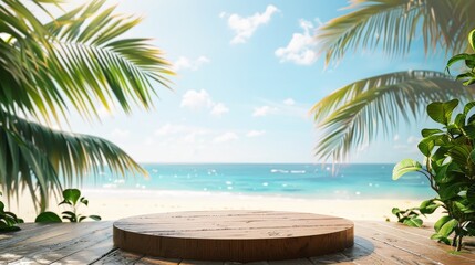 Fototapeta premium empty wood podium with tropical beach background for summer product display presentation design