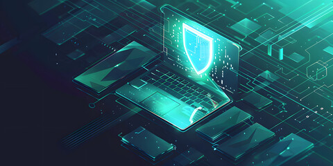 digital illustration of cybersecurity data laptop protection. Shield padlock future, futuristic. Science technology data server room circuit abstract password cyber security hacker protect privacy