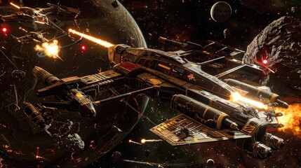 A mercenary fleet equipped with prototype weapons engaging a galactic peacekeeping force in a lawless sector of space.