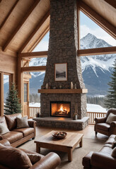  A cozy mountain cabin with a crackling fireplace and a view of snowy peaks. 