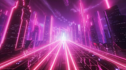 A futuristic cityscape at dusk with towering skyscrapers and neon lights, representing a technologically advanced and digitally immersive urban environment.