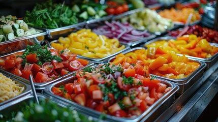 Obraz premium Catering meals prepared for guests at a wedding or hotel dinner. Healthy salads and other vegetables.