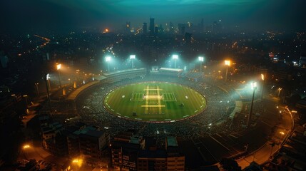 An aerial view of a floodlit cricket stadium filled with spectators, showcasing the lively nighttime match and surrounding cityscape.