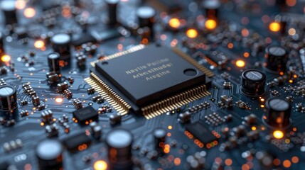 Closeup of a microchip on a detailed electronic motherboard with lights
