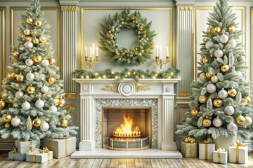 a chic living room decorated with Christmas decorations with a burning fire in the fireplace and an elegant Christmas tree on the background