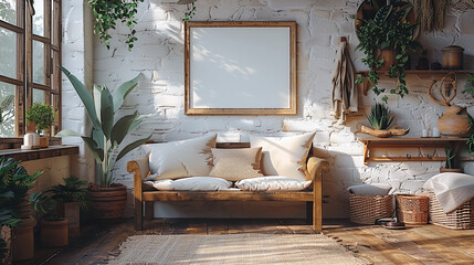 Fototapeta premium Boho Chic Home Interior with Mockup Frame, Wooden Bench, and Greenery Sunlight Streaming Through Window Rustic Decor
