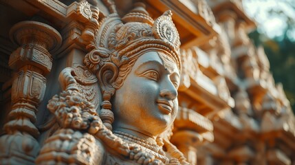 Fototapeta premium Intricately carved stone deity sculpture on a temple exterior showcasing exquisite craftsmanship.