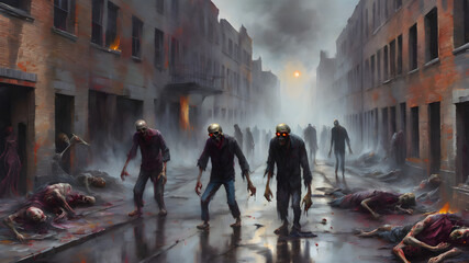 Zombies roam the city streets.