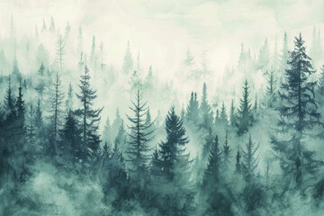 Fototapeta premium Misty evergreen forest landscape with fog and tall trees, creating an ethereal, serene atmosphere. Perfect for nature lovers and artistic backgrounds.