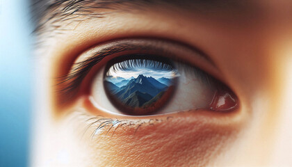 Close up of refection of mountain in a person's eye