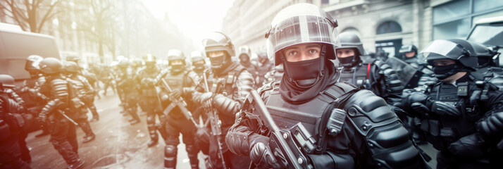 Tactical training, riot police with protective gear and shields surrounded by tear gas and yellow color smoke bomb, managing a large, agitated crowd on Labour Day