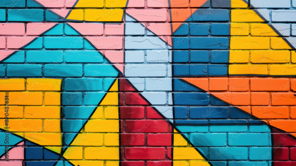 Aufkleber colorful geometric mural on a brick wall with vibrant shapes and patterns, creating a dynamic visual