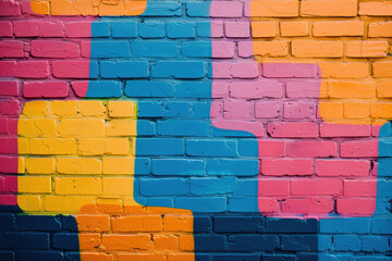 Obraz premium Colorful brick wall with vibrant abstract patterns and graffiti art, showcasing urban street art creativity and bold geometric designs.