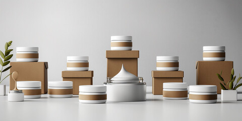 the elegant arrangement of cosmetic product containers and boxes, a minimalist display of skincare essentials, minimalist beauty concept