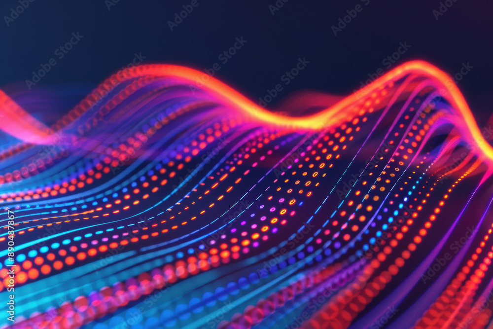 Poster abstract colorful neon wave background with dots and lines, representing data visualization, technol