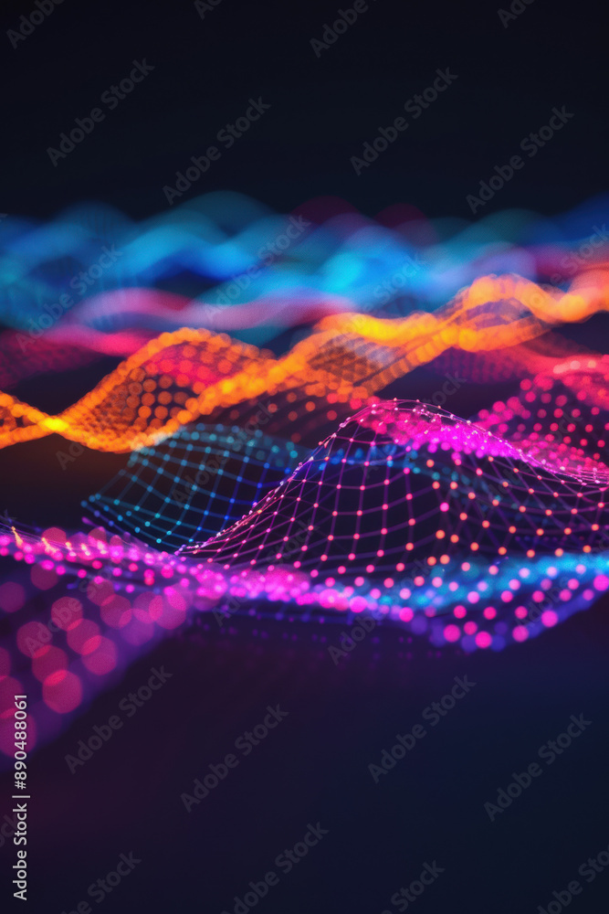 Poster abstract digital landscape with vibrant neon waves and dots in a futuristic, colorful scene. perfect