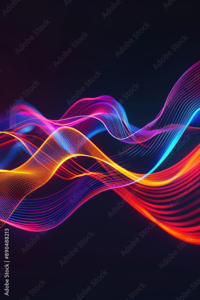 Poster vivid, colorful abstract wave patterns against a dark background, showcasing dynamic motion and ener