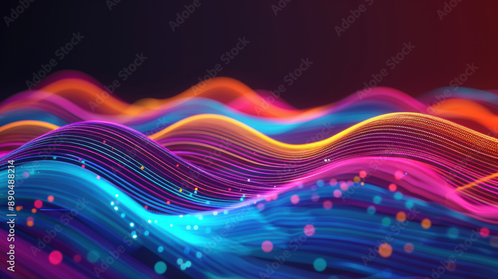 Poster vibrant abstract waveforms with neon colors and dynamic flowing lines, creating a futuristic digital