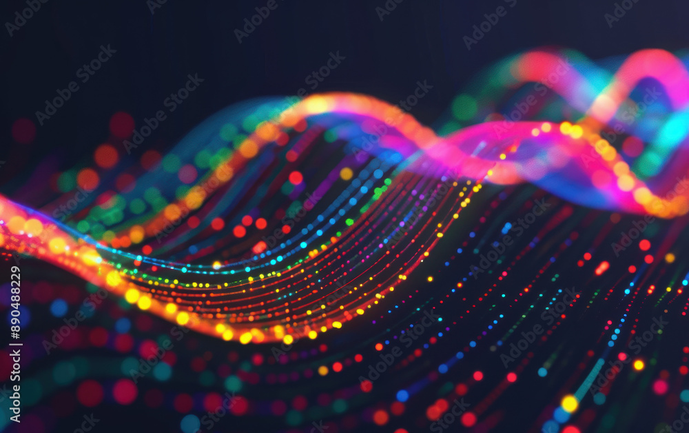 Poster colorful abstract wave pattern with dynamic glowing particles on a dark background, representing dig