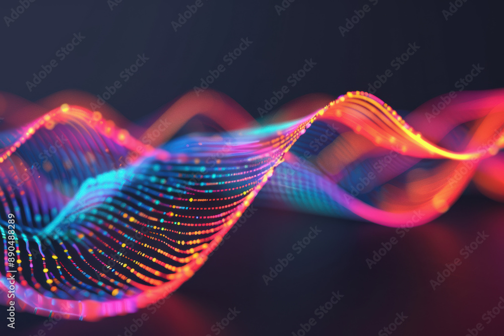 Poster vibrant abstract wave of multicolored light particles on a dark background, showcasing dynamic flow 