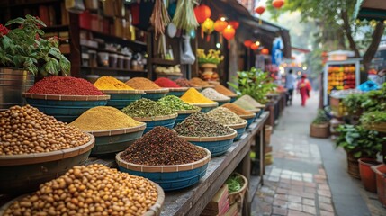 Fototapeta premium A vibrant display of spices in an Asian market, bursting with color and aroma.
