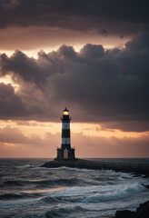 Fototapeta premium A lonely lighthouse silhouetted against a stormy sunset. 