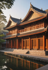  A peaceful temple bathed in the soft glow of morning light. 