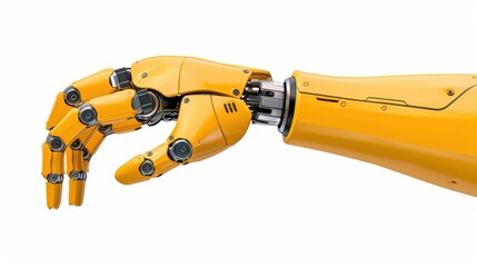Close-up of a yellow robotic hand on a white background, showcasing advanced technology and futuristic design in robotics.