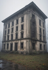 Fototapeta premium An abandoned building shrouded in mist, creating an eerie atmosphere. 