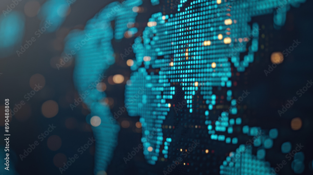 Poster abstract digital world map with glowing dots representing global connections and data exchange, show