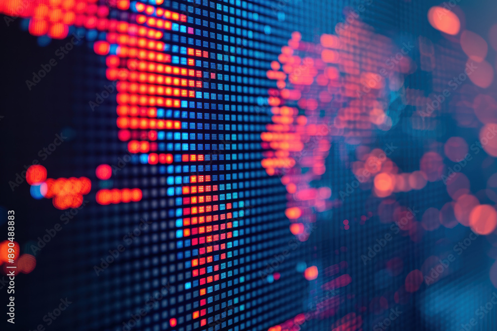 Poster abstract digital world map in glowing pixel pattern, highlighting global connectivity and big data v
