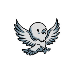 Fototapeta premium A cartoon grey bird with blue highlights on its wings, flying with wings spread wide