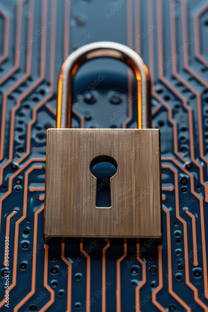 Poster golden padlock on a digital circuit board symbolizes cybersecurity, data protection, and secure tech