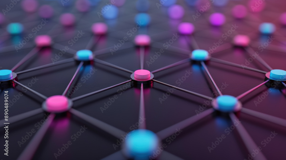 Poster abstract image of interconnected neon nodes and lines forming a futuristic network, symbolizing tech