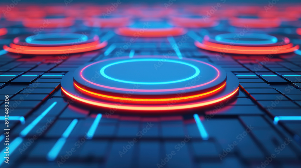 Poster futuristic circuit board with glowing blue and red circular nodes depicting advanced technology and 