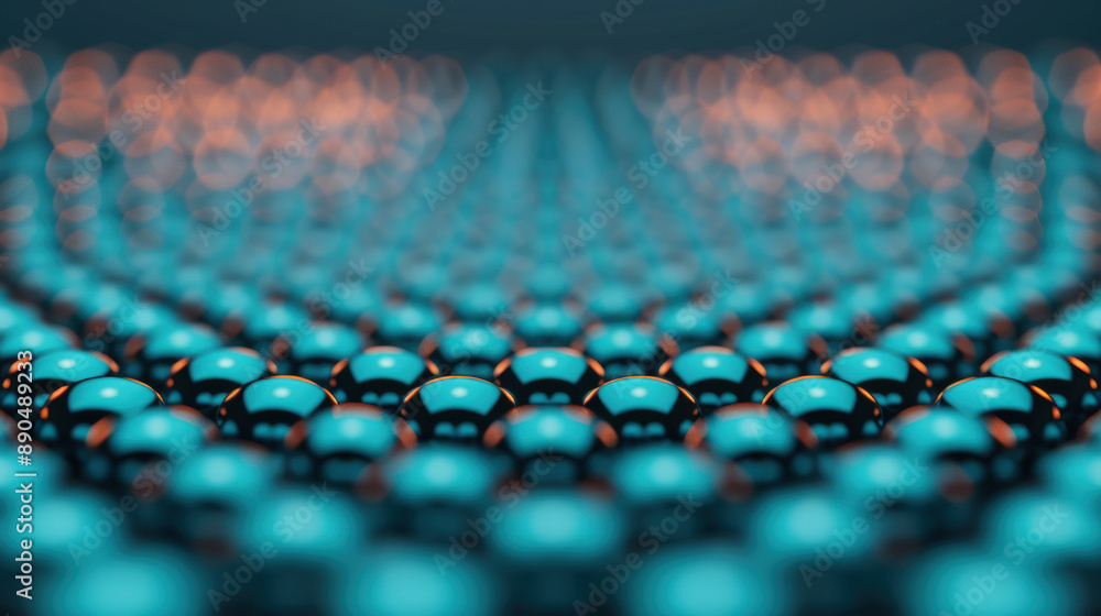Poster abstract close-up of shiny blue and orange spheres arranged in a symmetrical pattern, creating a mes